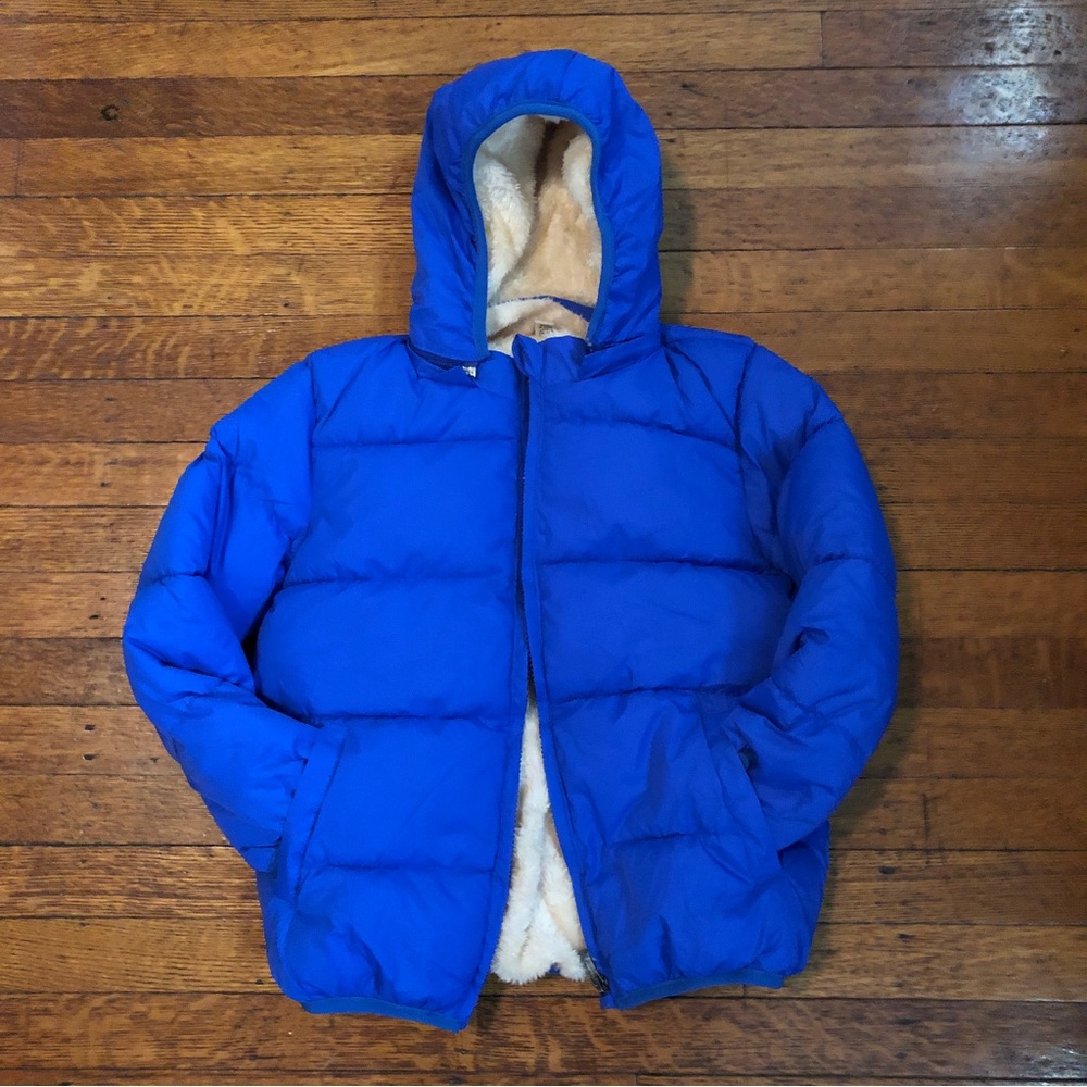 New Kimjun Unisex Blue Quilted Puffer Coat Lined W/Warm Faux Soft Fur Size 6-7